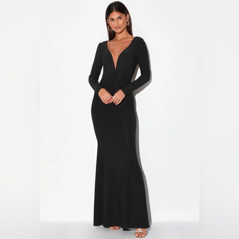 Lulus Glamorous in Glitter Black Long Sleeve Backless Maxi Dress